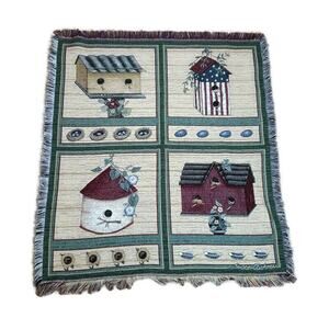 Susan Clickner Tapestry Throw Blanket 46x52 Bird Houses Multicolor Fringe Spring